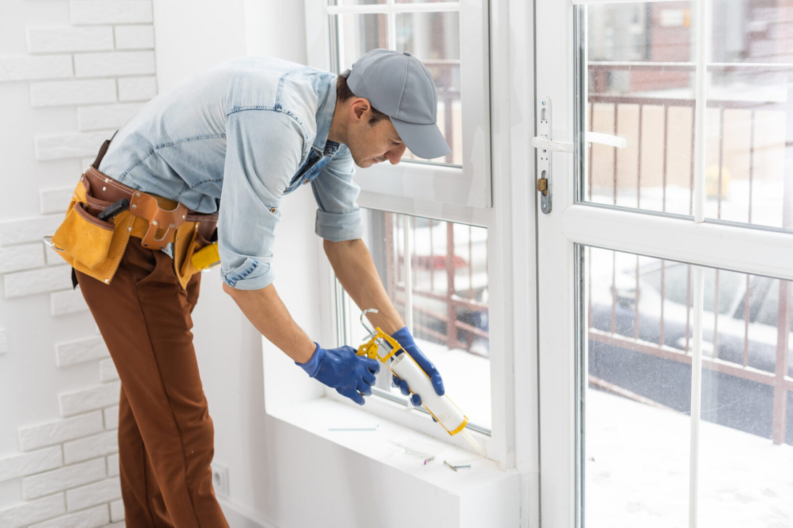 handsome young man installing bay window in a new house construction site